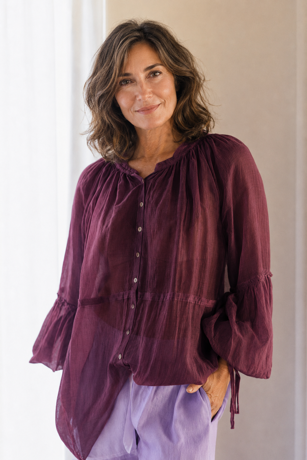Amalfi cotton silk loose fitting top with neck frayed edges and balloon sleeves