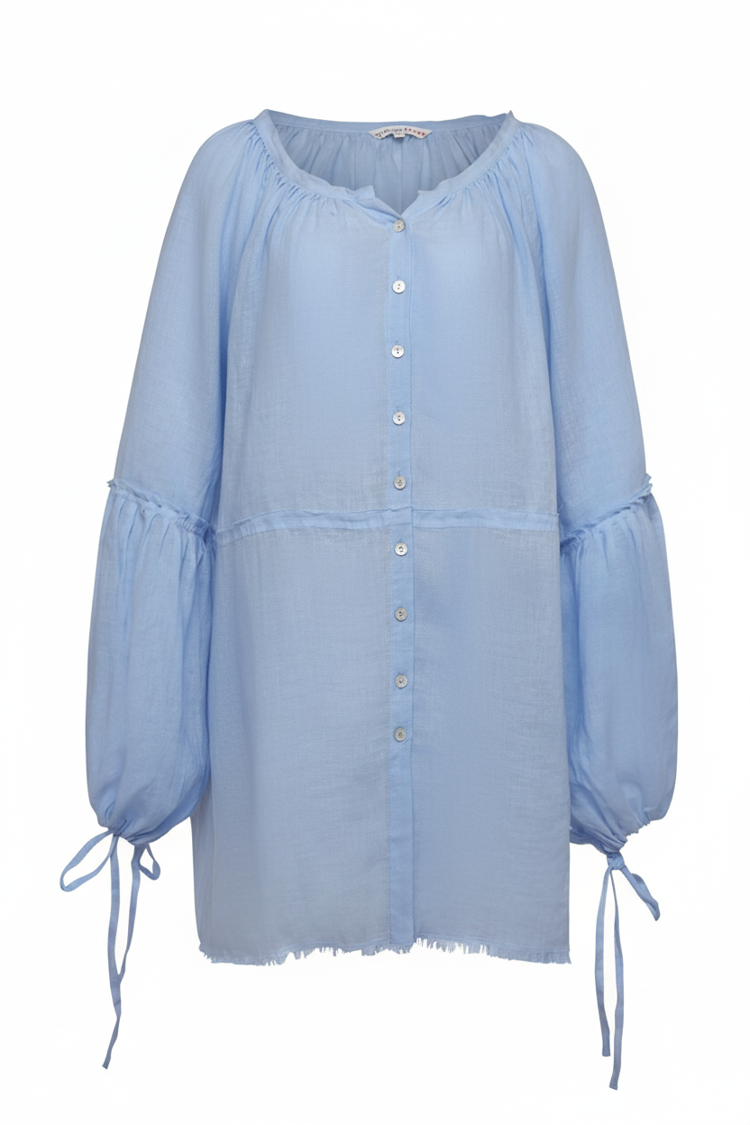 Slightly brighter powder blue blouse flat lay