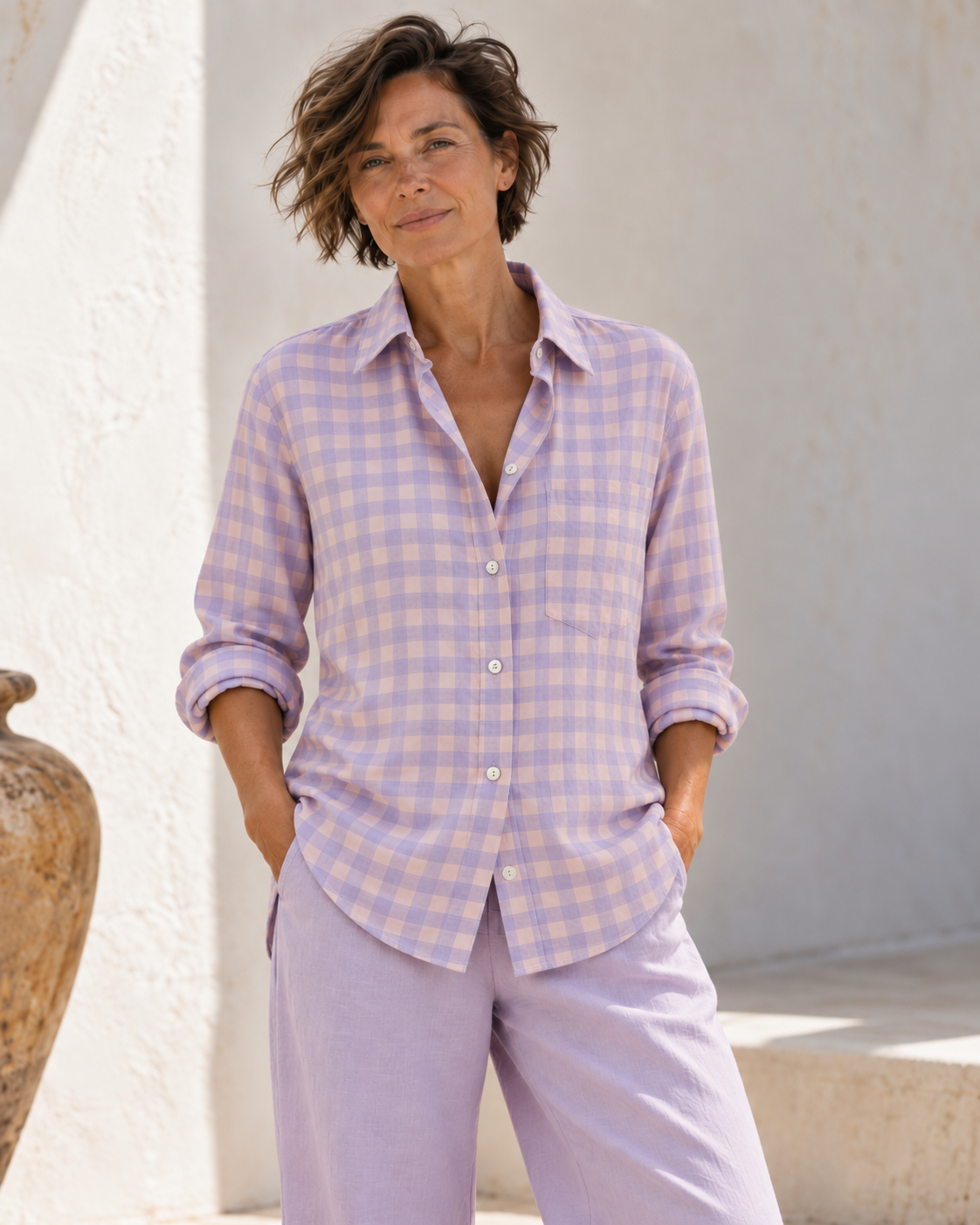 boxy boyfriend cotton lawn lilac and soft pink check shirt