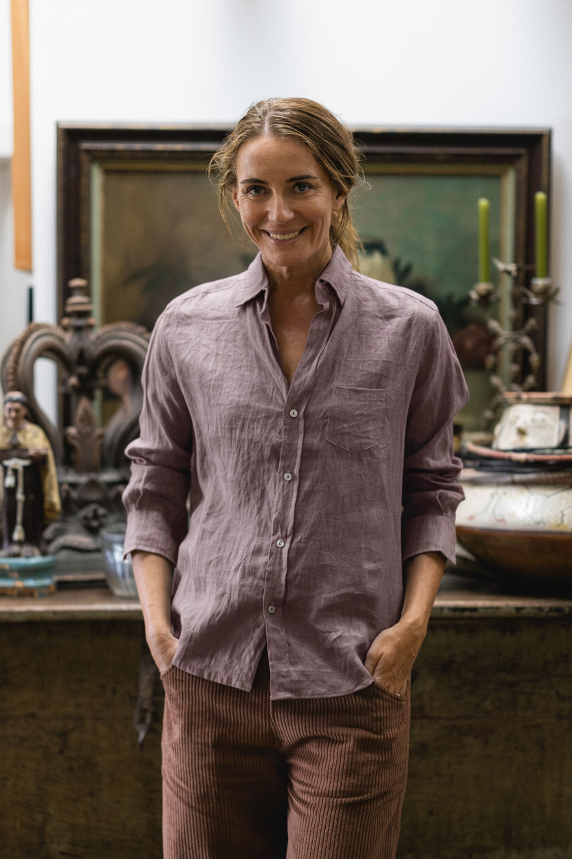 Boxy Boyfriend Linen Shirt in Crushed Berry on Model