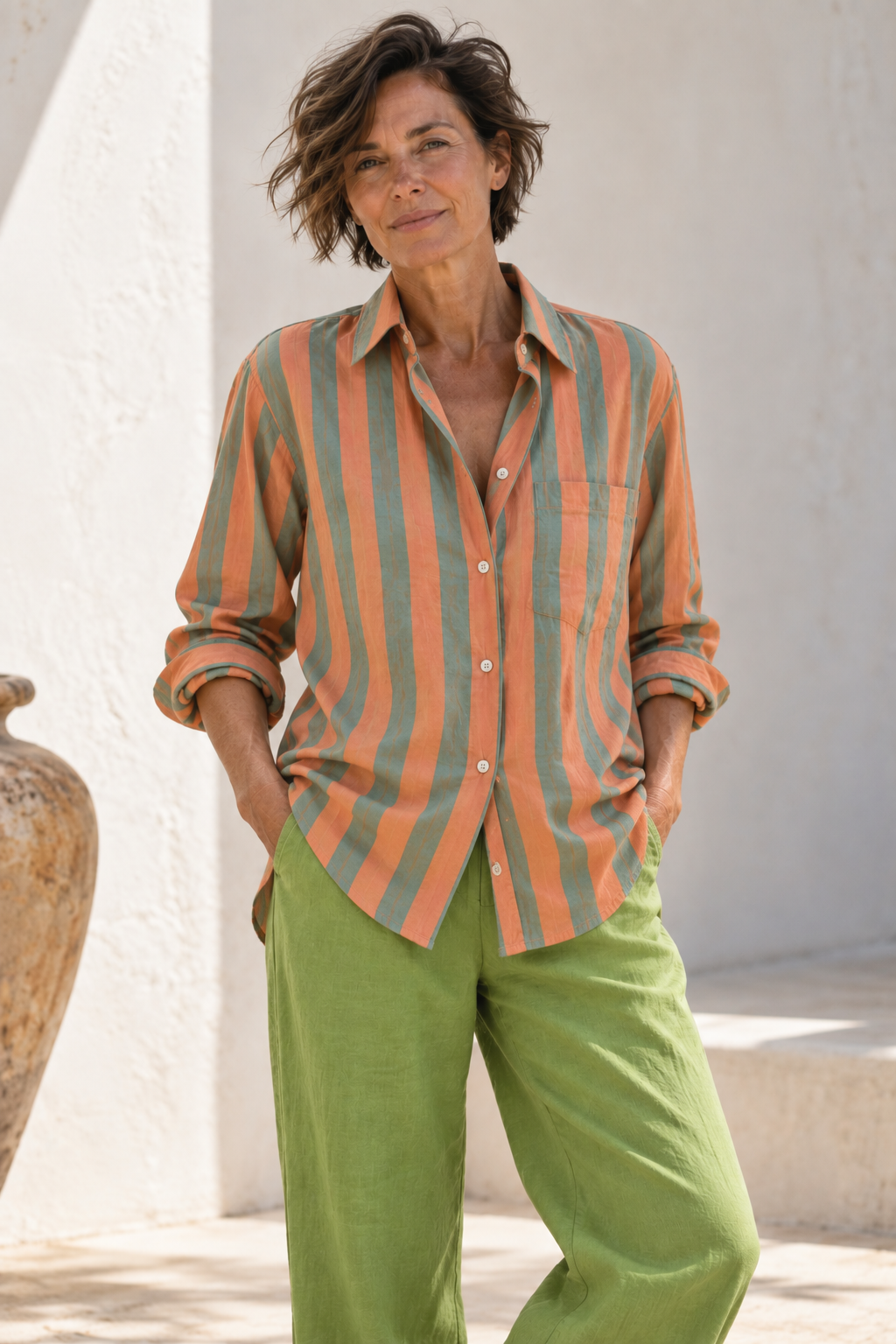 Loose fitting boxy shirt in crisp cotton lawn orange stripe