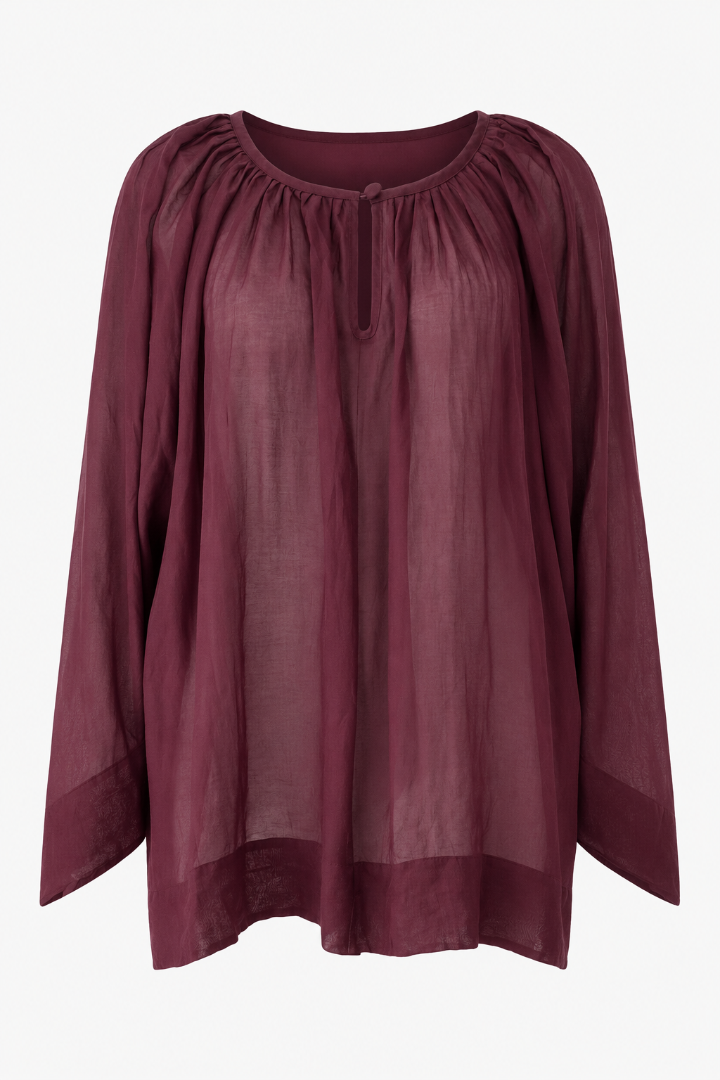 Fig coloured cotton silk Ella Top, loose fitting with wide sleeves, deep hems and detail button and loop neck.