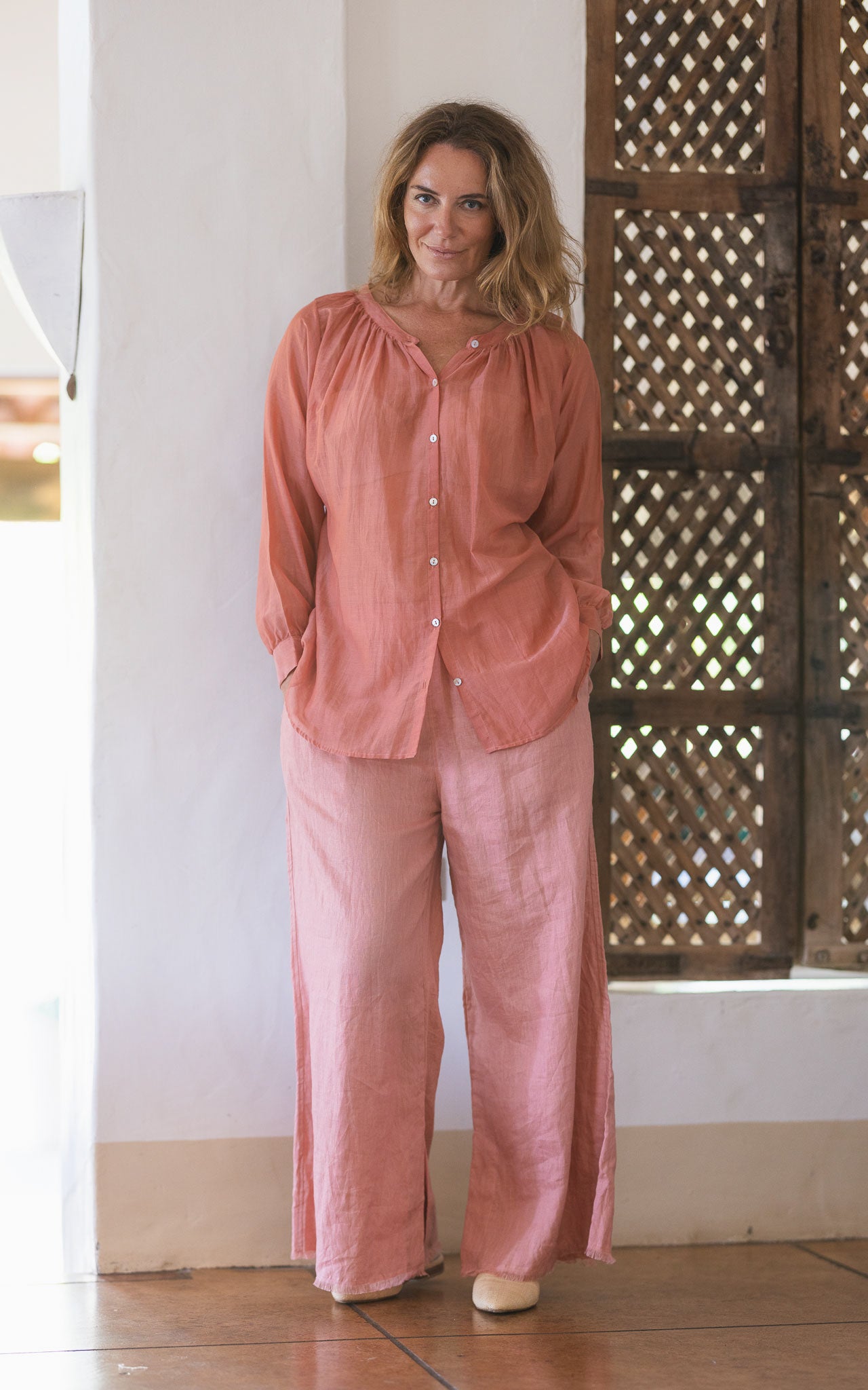 Indian Sumer top teamed with Lazy Linen Frayed hem pants
