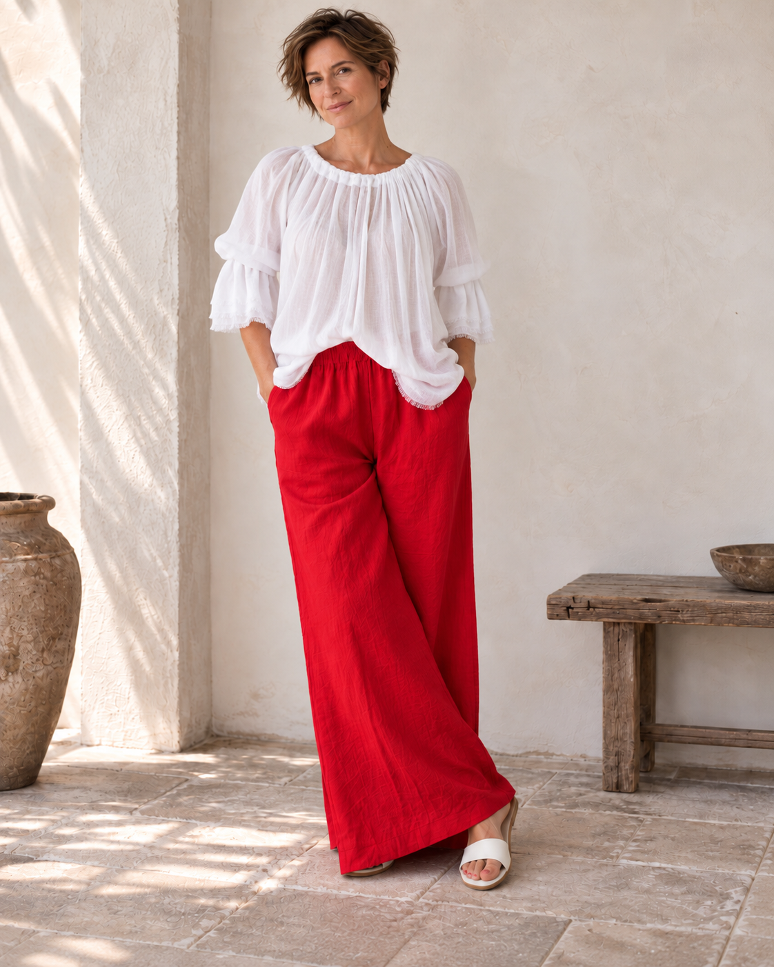 wide legged red currant linen pant