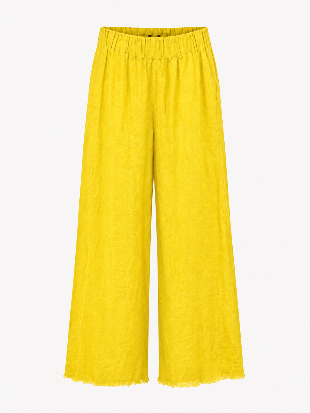 Piccadilly yellow linen wide leg relaxed pant with side pockets and frayed hems