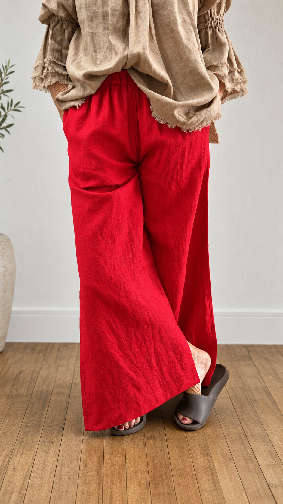 wide legged deep hemmed linen pant in Red Currant 