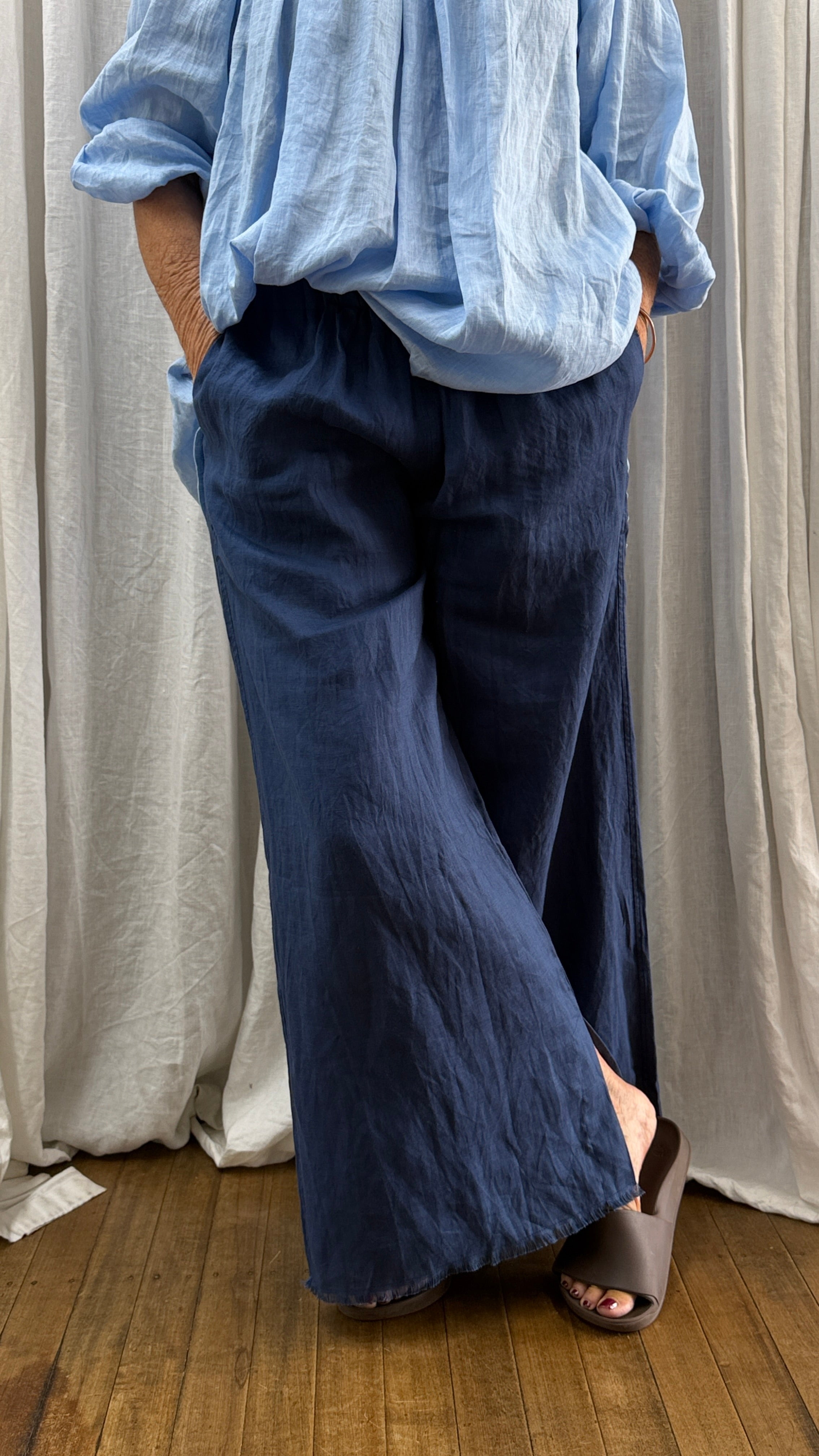 Lazy Linens frayed coastal cobalt pants