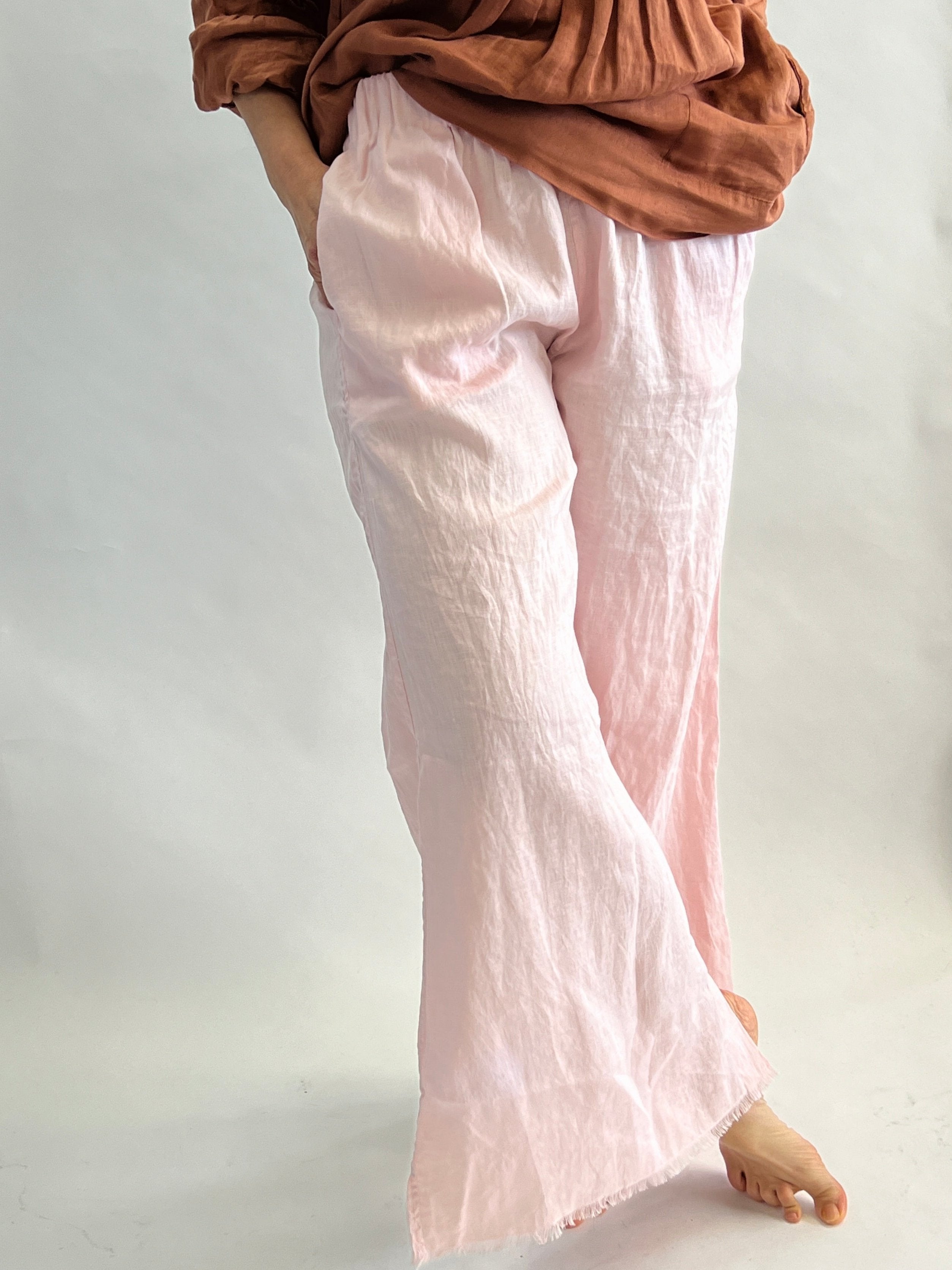 Wide leged with frayed hems pant in Pale pink linen by The Tailor & his Lover