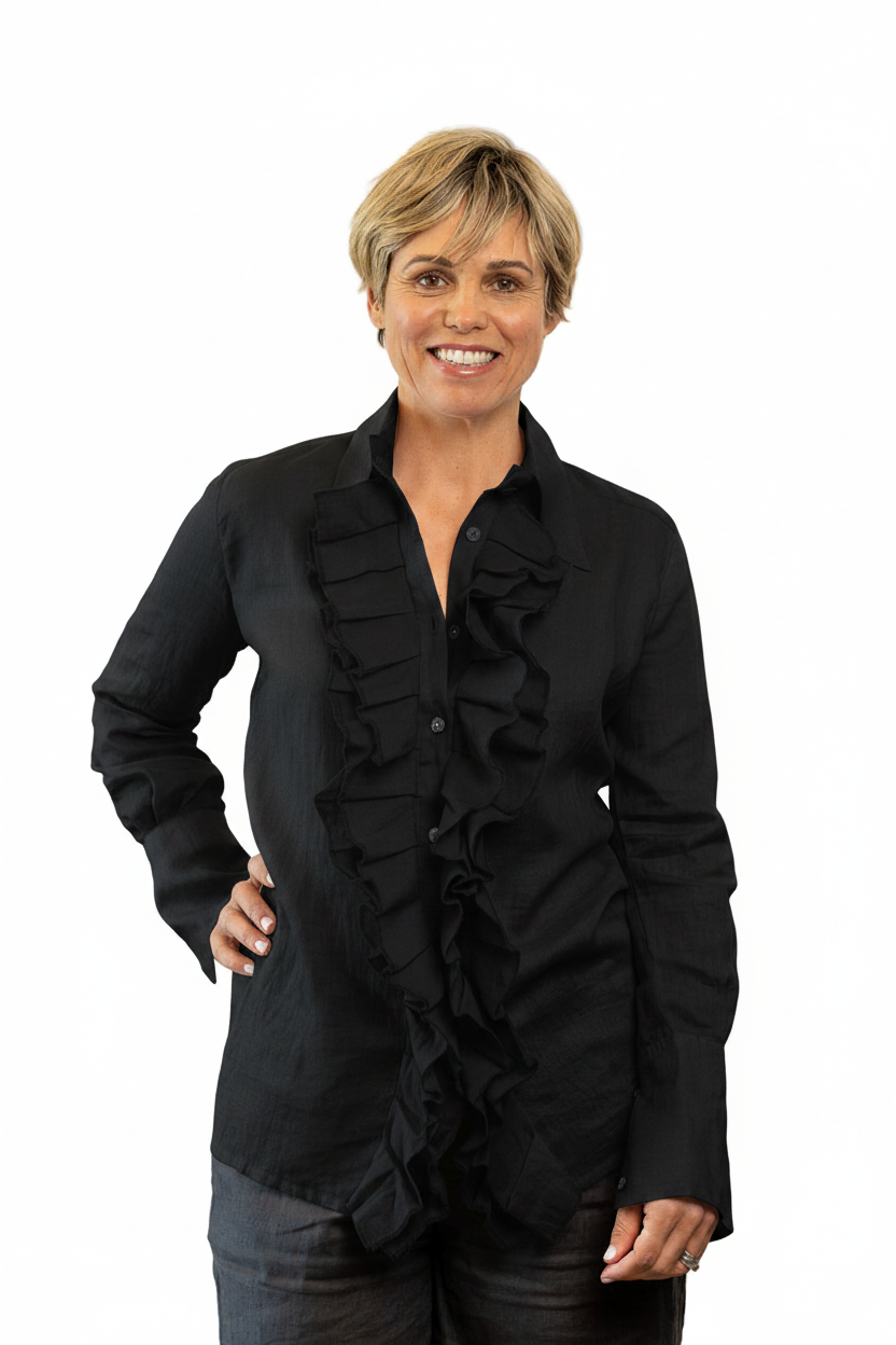 Ruffled for Romance Shirt in Black Ramie - Front view