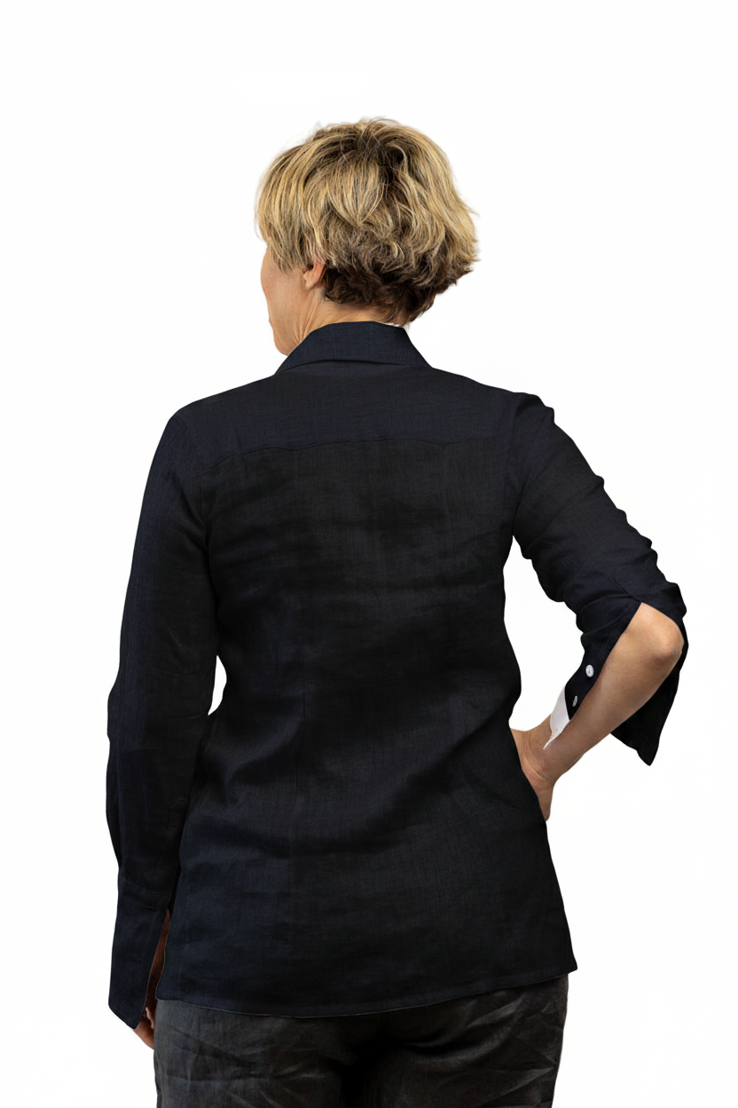 Ruffled for Romance Shirt in Black Ramie - Back view
