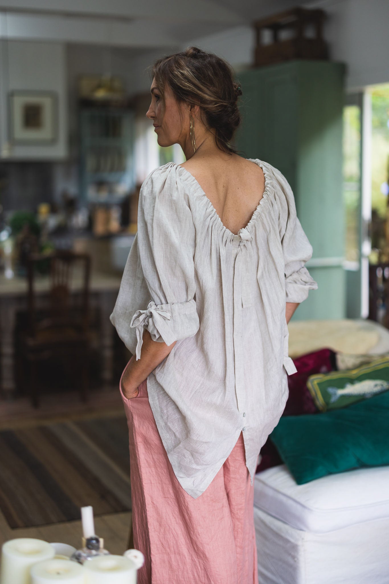 She's more Tied Top back view in Natural Linen by The Tailor & his Lover