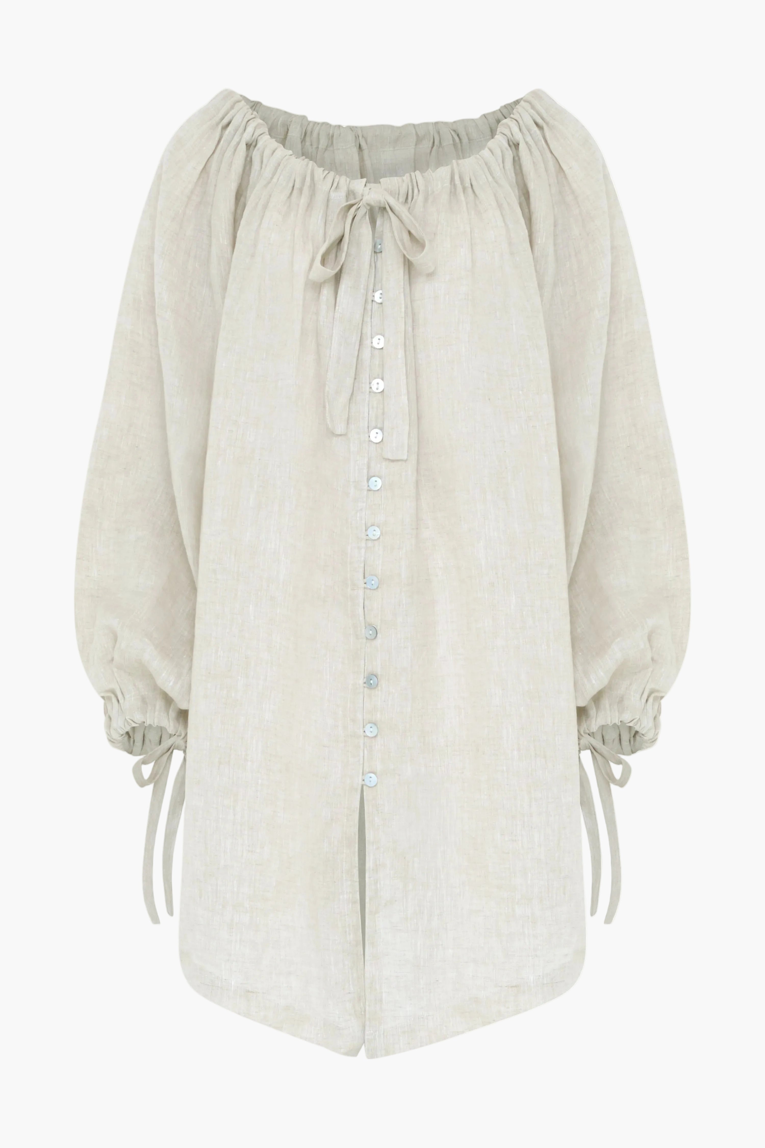 She's more Tied, back view in natural linen, shell buttons