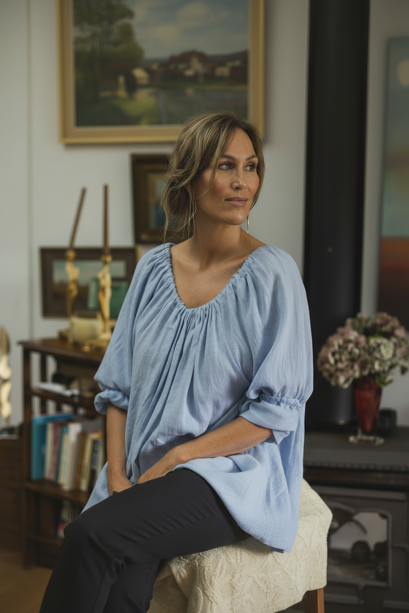 Woman in a blue The Tailor and his Lover  She's more tied blouse sitting on a chair in a room with decor elements.