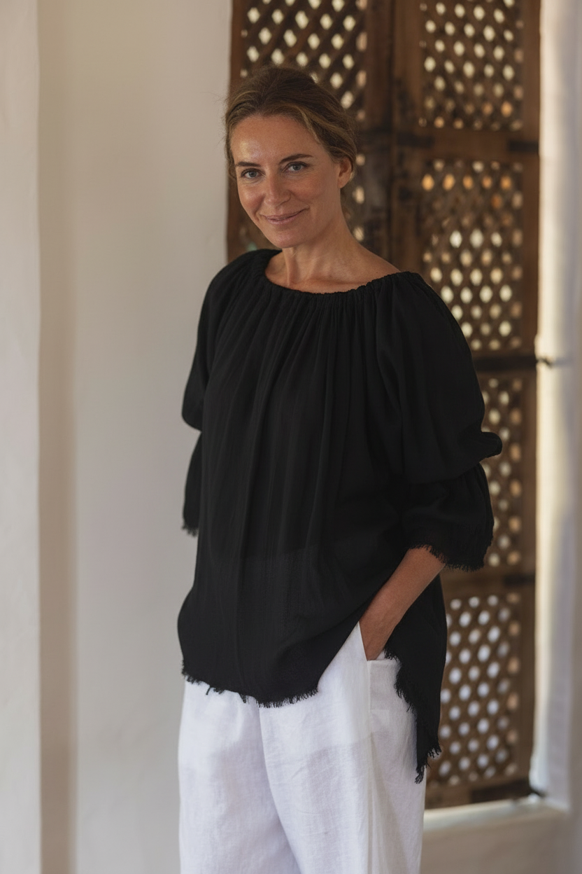 Black Ramie Shes not frayed top