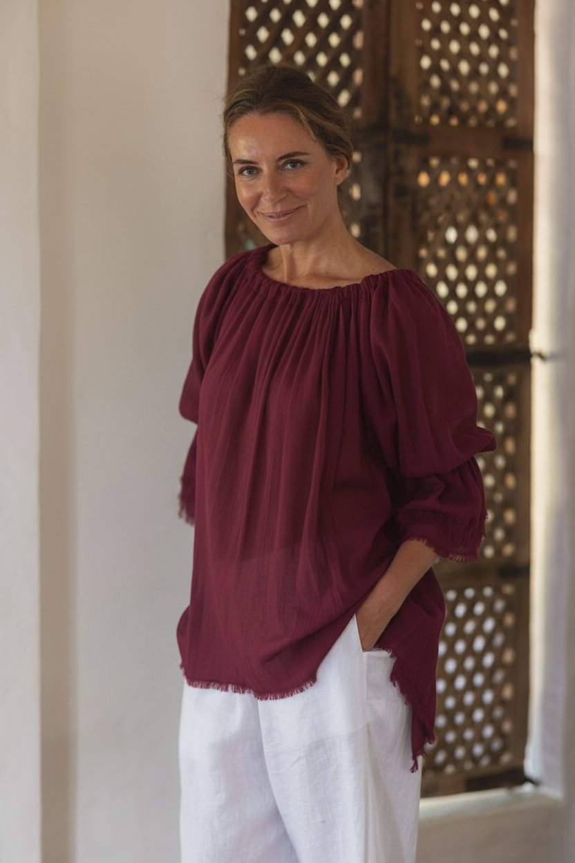 Mulberry gathered blouse with white linen pants