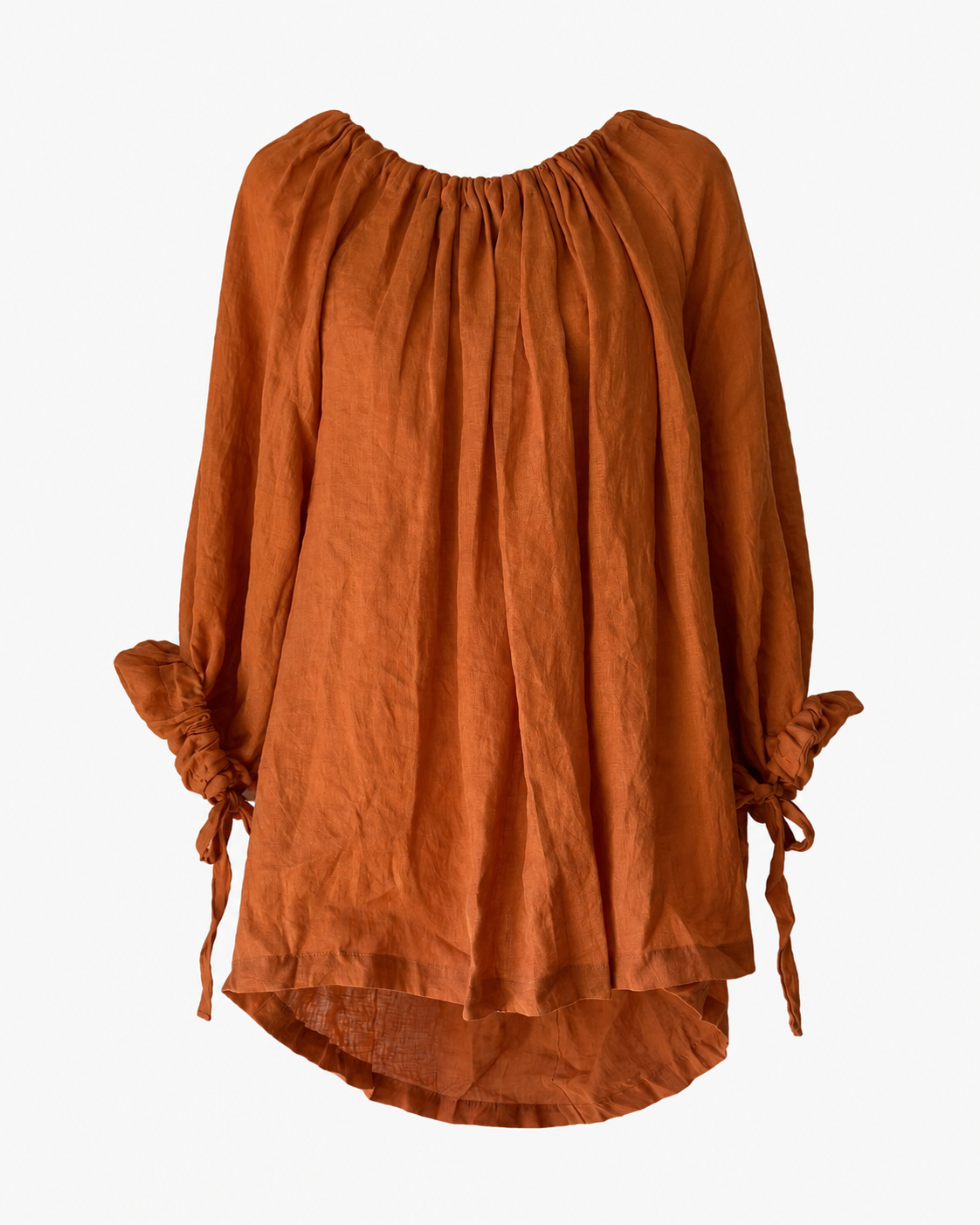 She's More tied in burnished copper linen, oversized wear over everything