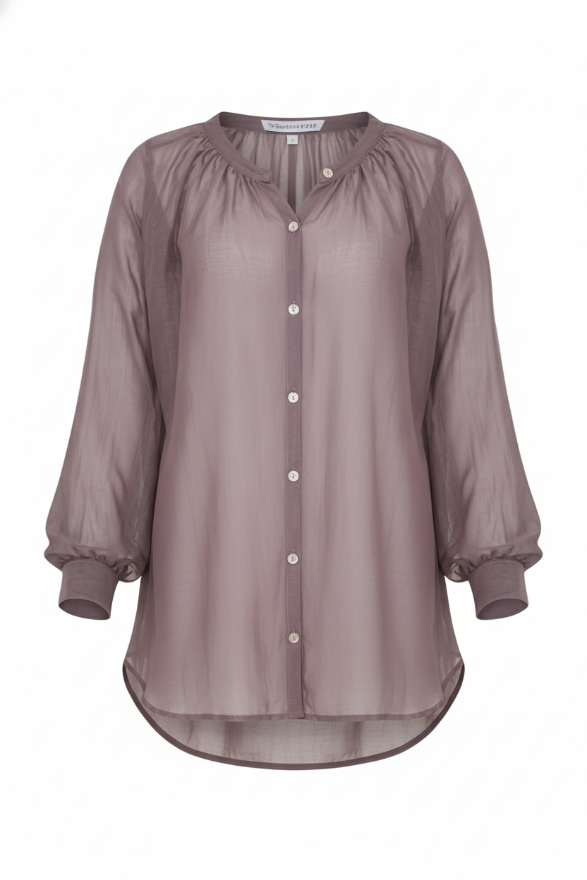 Button-front blouse in aubergine - flat lay