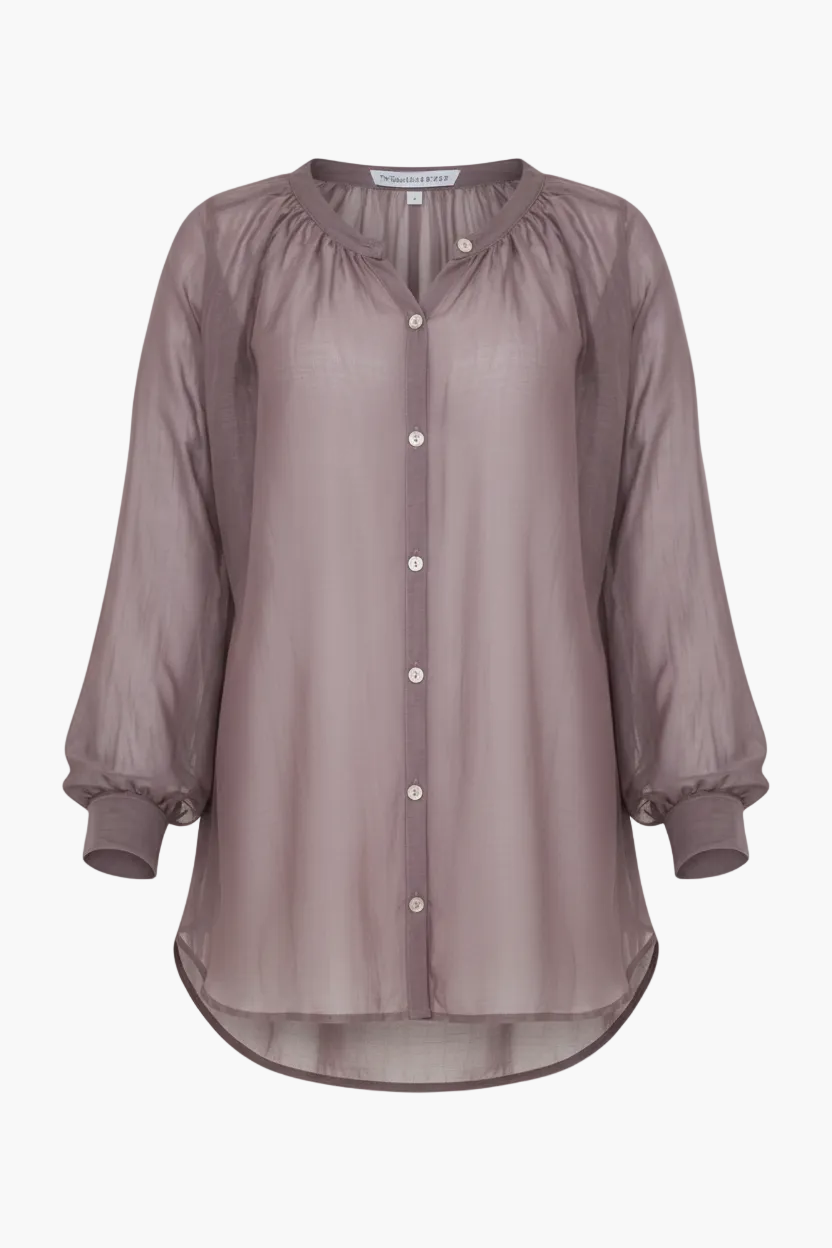 Button-front blouse in aubergine - flat lay