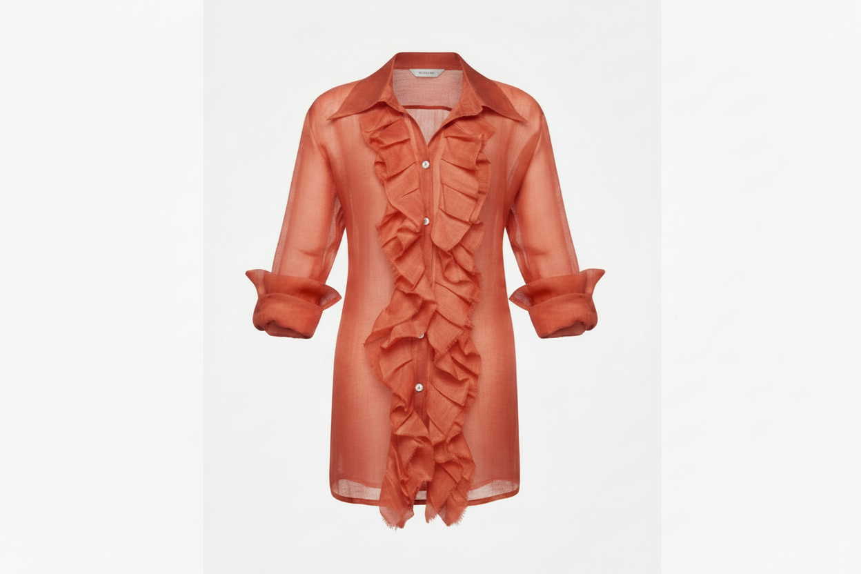 Ruffled for Romance Shirt in vivid copper rose sheer cotton-silk fabric