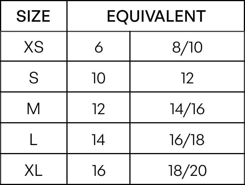 The Tailor and his Lover Size conversion chart from XS to XL with corresponding numbers on a white background