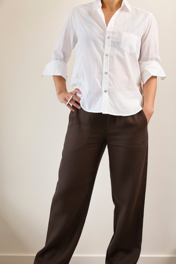 White shirt with chocolate brown linen pants