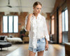 ight and barely sheer in crisp cotton or cotton silk with fitted yoke back and deconstructed ruffles on front. Romance, kings and queens collar and tiny shell buttons - 3/4 ish sleeves. 