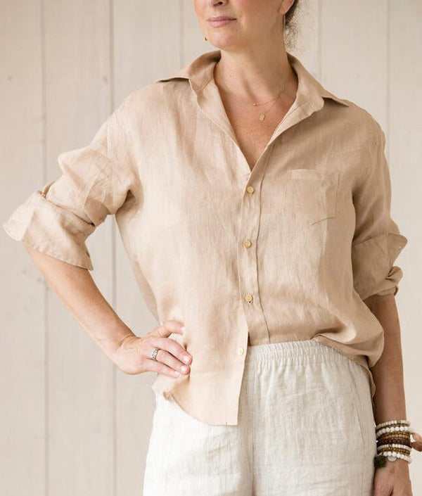 linen 'boyfriend shirt', longer at back, tie in front or loose.