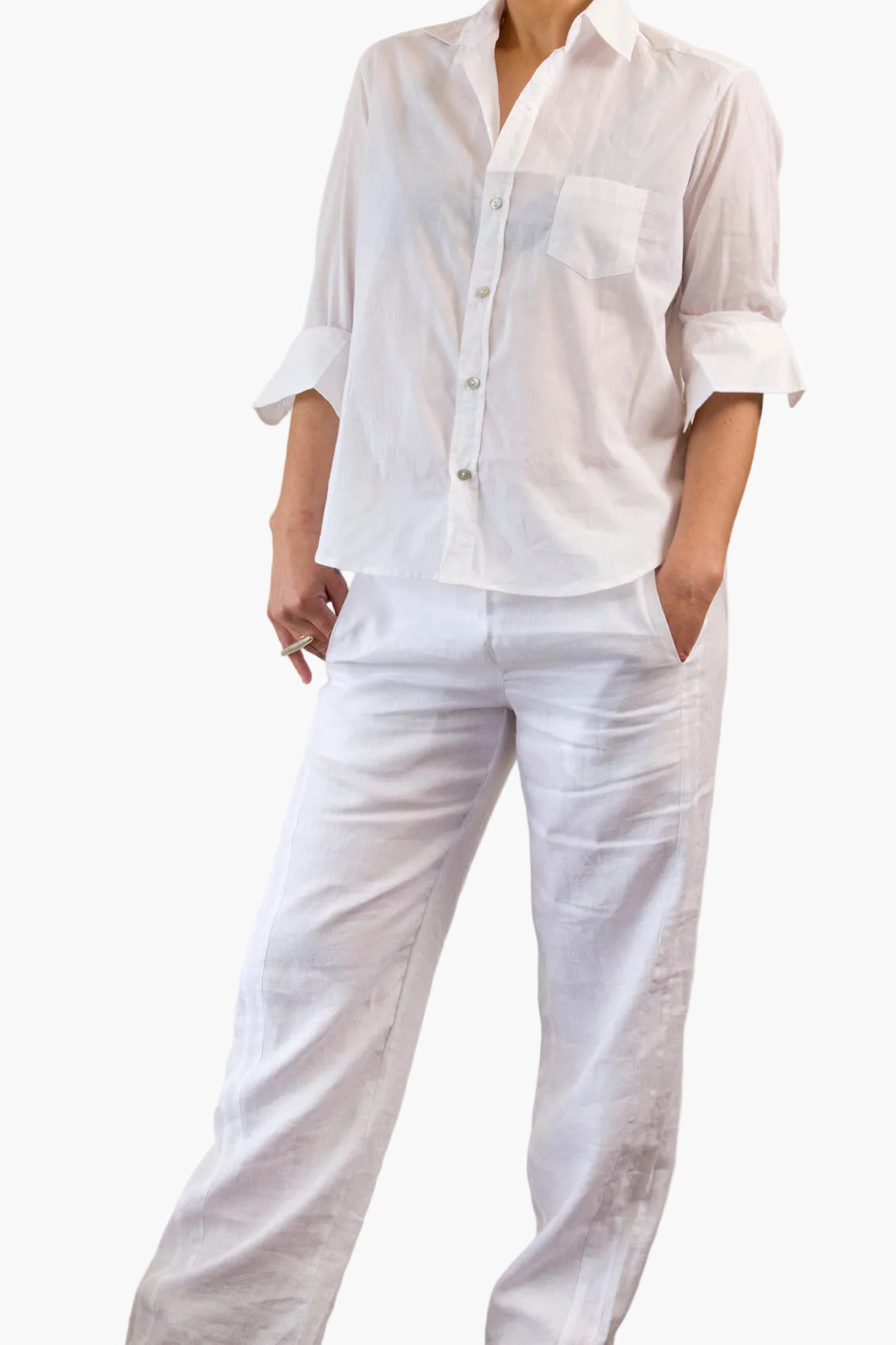 loosely fitted with front pockets and straight leg pant